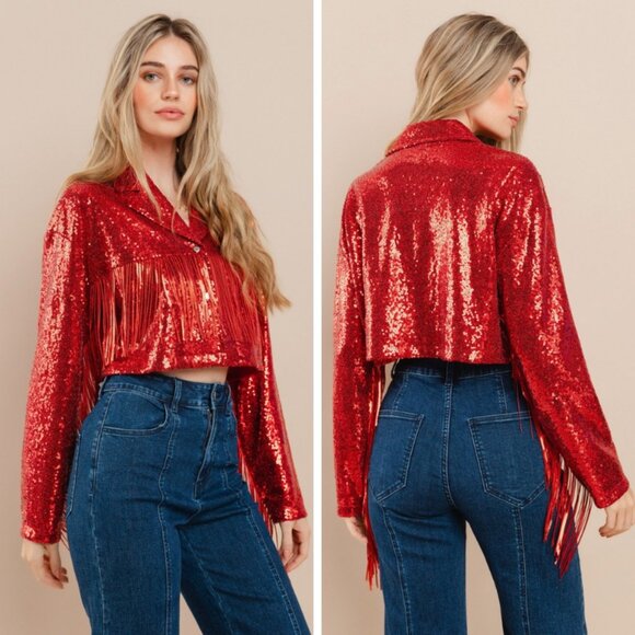 ✨ Women’s Red Cropped Sequin Fringe Jacket – Festival, Concert, Rodeo ✨ - Picture 5 of 11